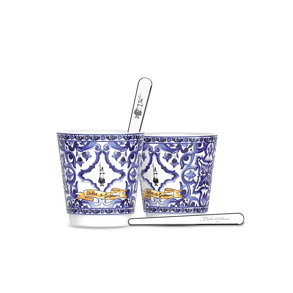 Set 2 porcelain cups and 2 silver stirrers Blu Mediterraneo