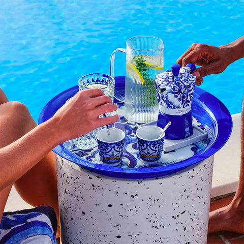 Set 2 porcelain cups and 2 silver stirrers Blu Mediterraneo