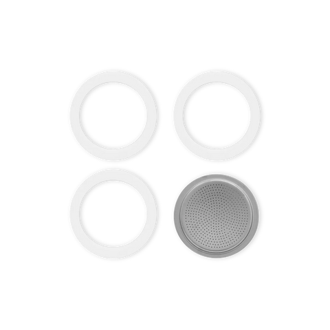 Replacement parts for coffee makers: 3 gaskets and 1 filter plate for 3- and 4-cup Moka pots.